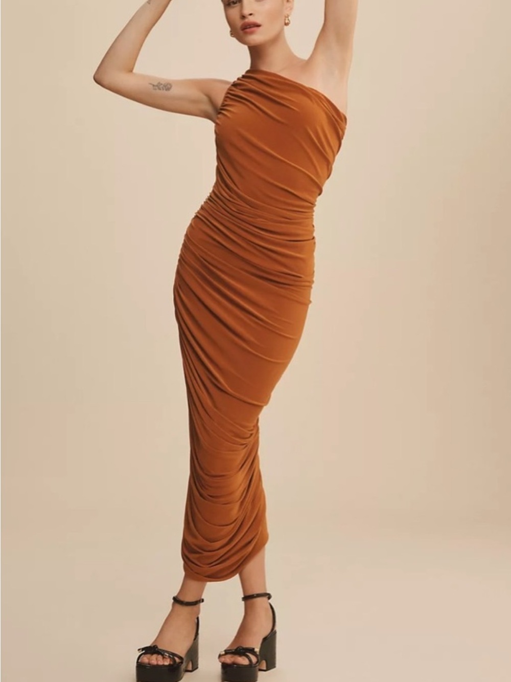 Norma Kamali One-Shoulder Ruched Midi Dress in Rust Brown